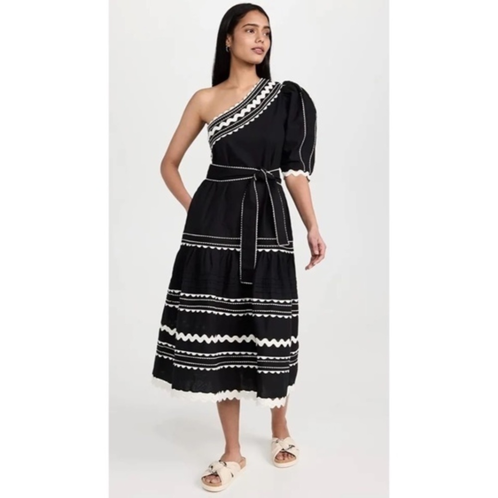 SEA NY Women Ryleigh Rickrack One Shoulder Puff Sleeve Tie Belt Midi Dress Black